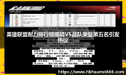 英雄联盟耐力排行榜揭晓V5战队荣登第五名引发热议